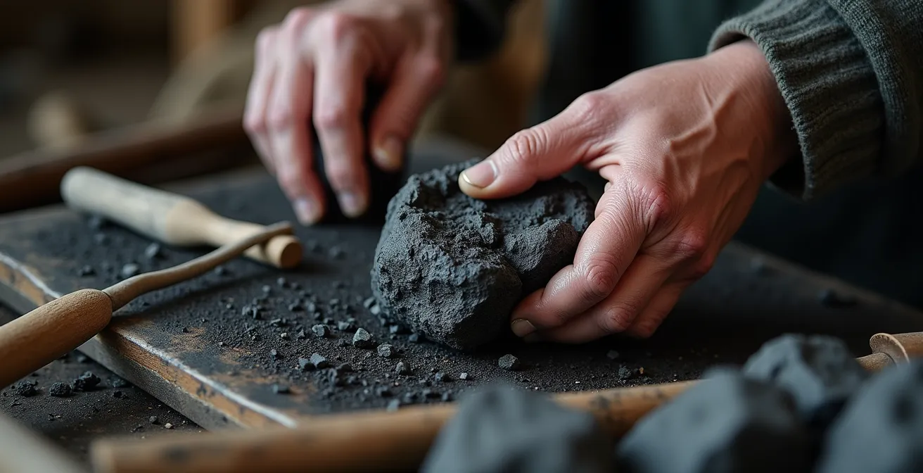 Mains travaillant la matière volcanique dans un atelier d'artisan islandais