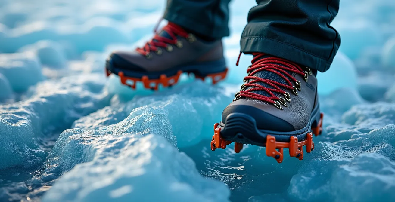 Gros plan des pieds d'un randonneur sur la glace millénaire d'un glacier avec ses crevasses bleues profondes