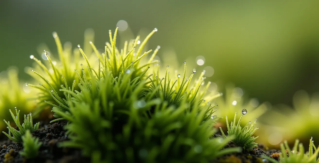 Gros plan macro sur la texture délicate de la mousse islandaise verte montrant sa structure spongieuse et fragile