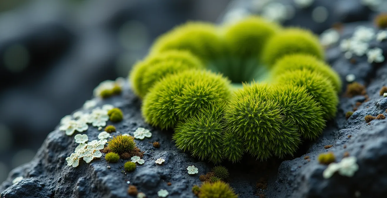 Gros plan de mousse verte et de lichens colonisant une surface de lave volcanique noire