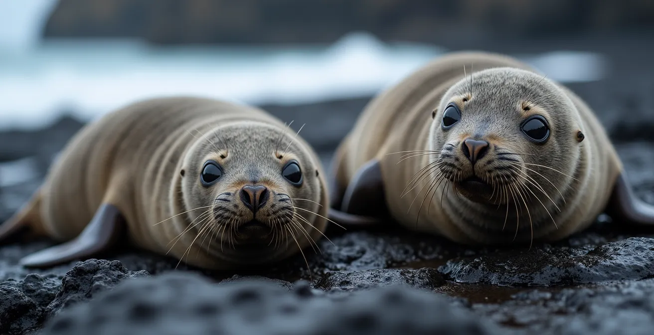 Phoques gris se prélassant sur des rochers à marée basse sur une plage islandaise