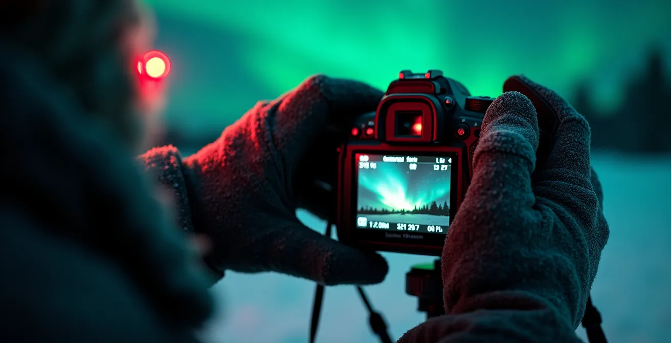 Gros plan sur des mains gantées ajustant les réglages d'un appareil photo monté sur trépied, avec un reflet vert auroral sur l'écran