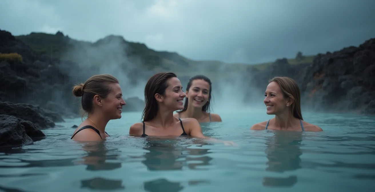 Baigneurs dans une piscine géothermale naturelle sous la pluie avec vapeur montante