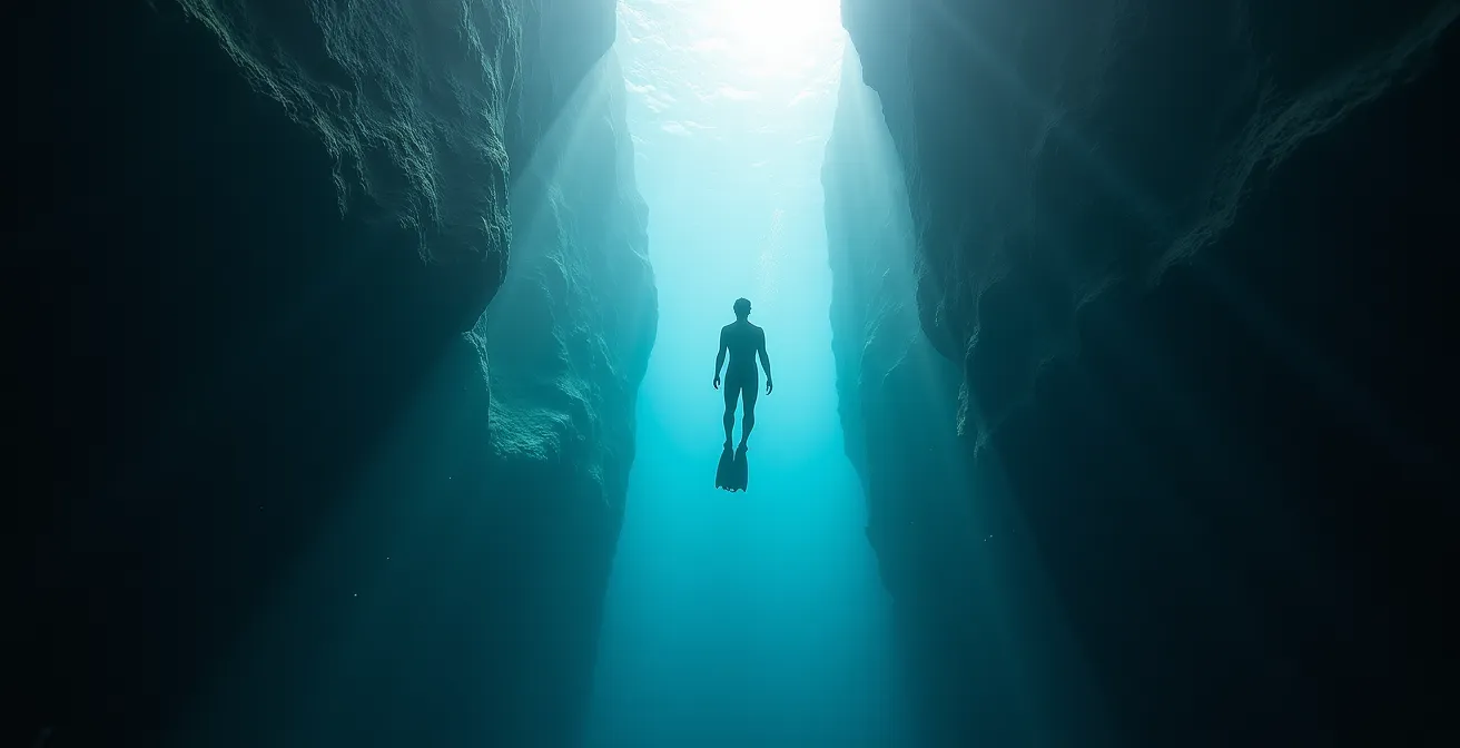 Plongeur flottant entre deux plaques tectoniques dans les eaux cristallines de Silfra