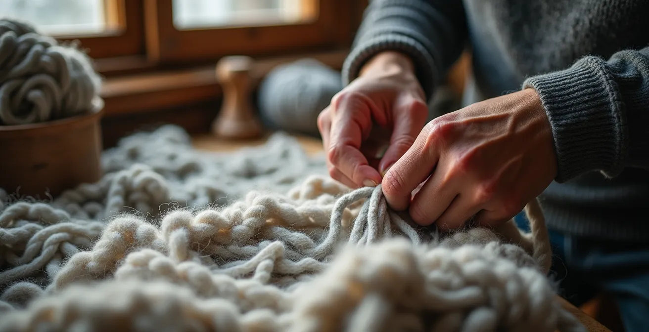 Artisan islandais travaillant la laine traditionnelle dans un atelier lumineux