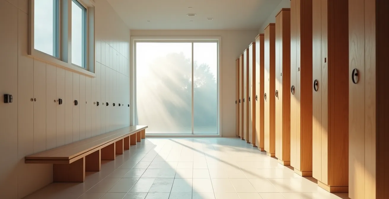 Vue d'ensemble d'un vestiaire de piscine islandaise moderne avec casiers et zone de préparation