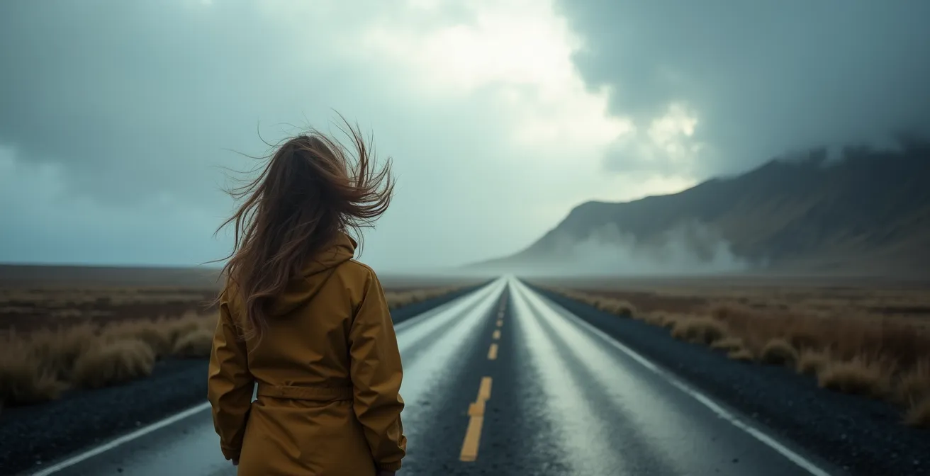 Route 1 traversant un paysage volcanique brumeux avec conditions météo dramatiques