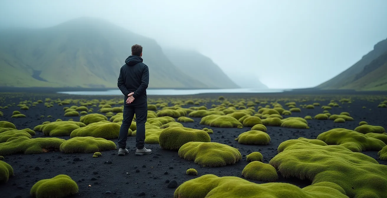 Touriste contemplant un paysage islandais intact avec une attitude respectueuse