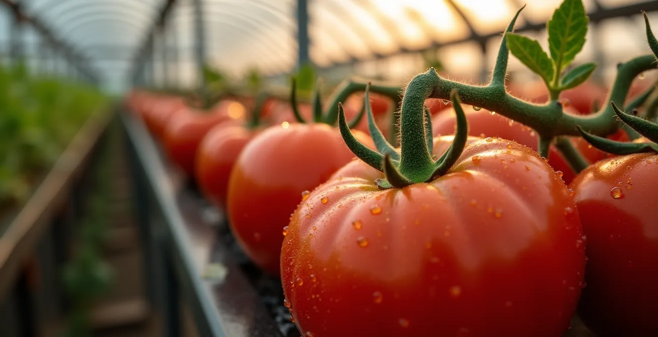 Intérieur lumineux d'une serre islandaise avec plants de tomates et vapeur géothermique visible