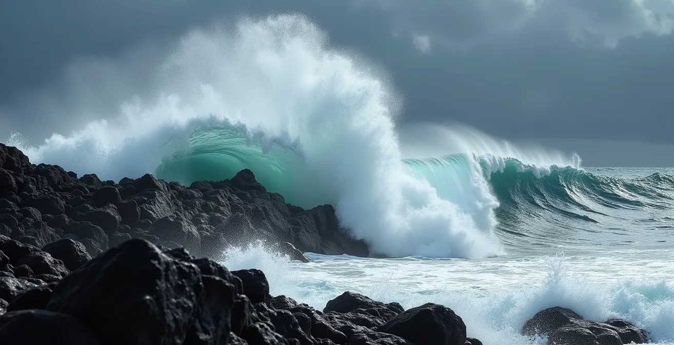 Vague puissante déferlant sur des rochers de basalte noir à Reynisfjara