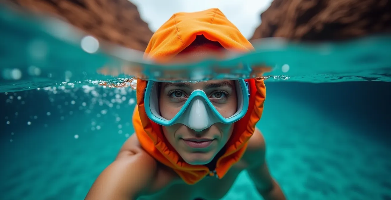 Vue aérienne d'un snorkeler flottant à la surface cristalline de Silfra