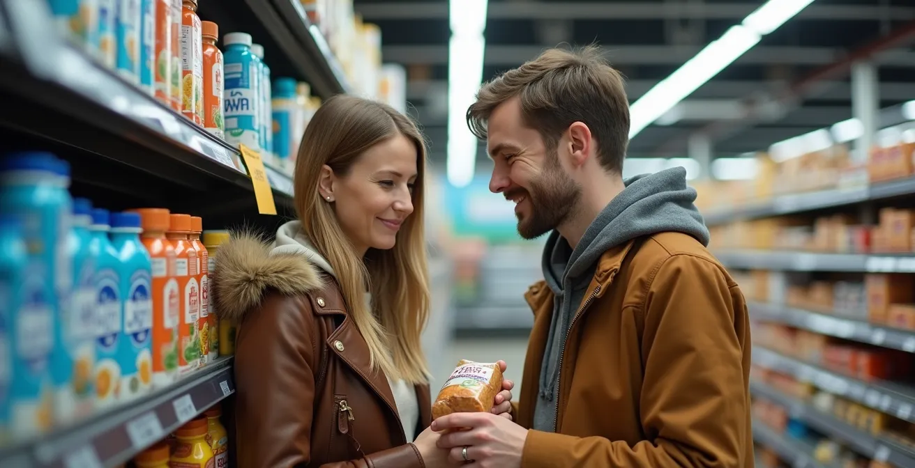 Intérieur d'un supermarché Bónus en Islande avec des produits locaux et des prix affichés