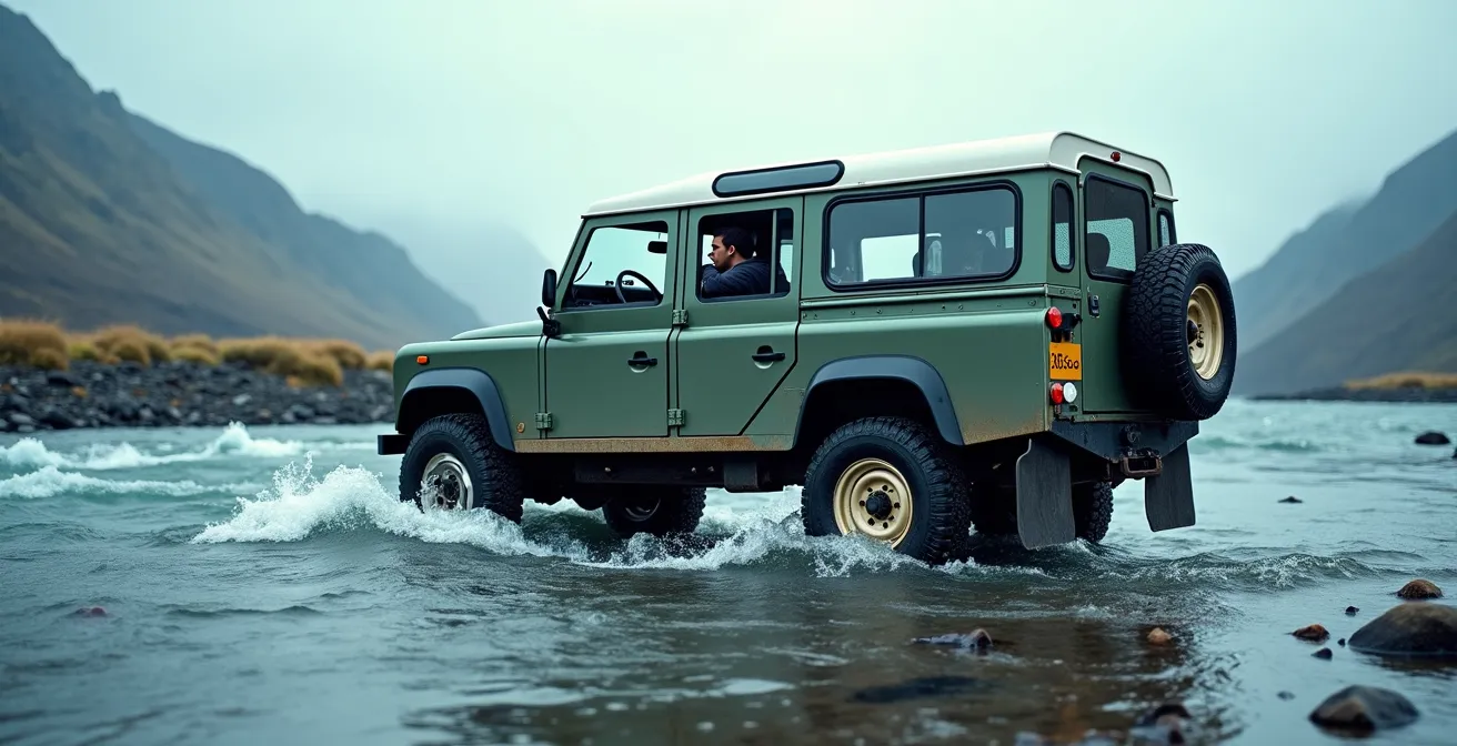 4x4 traversant prudemment un gué dans les Hautes Terres islandaises