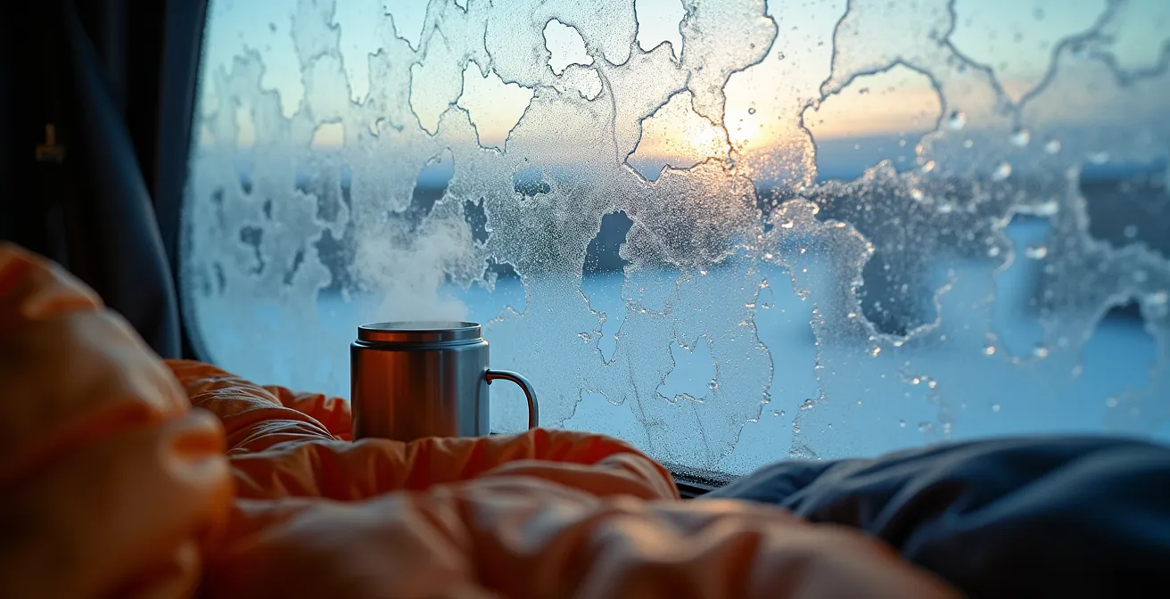 Intérieur d'un van aménagé en Islande avec condensation sur les vitres au petit matin