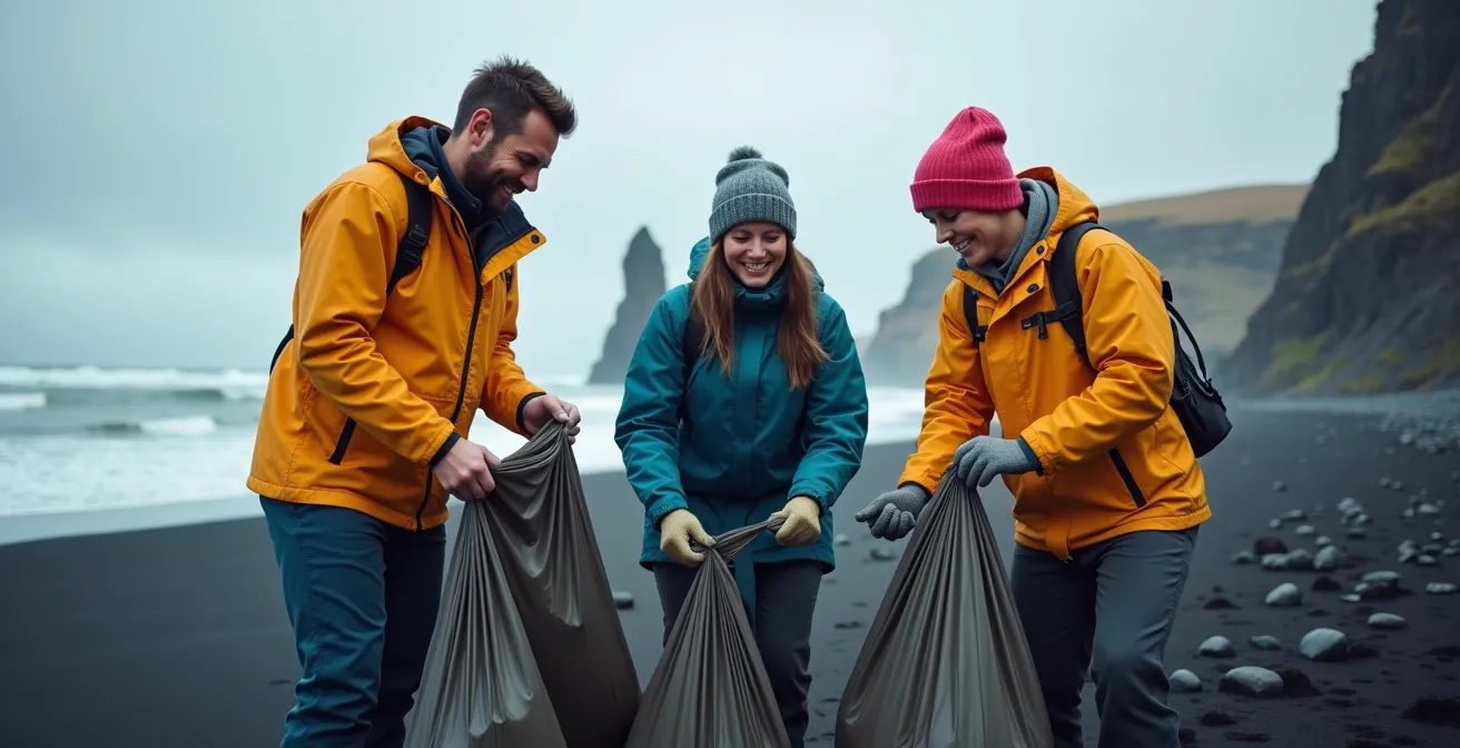 Groupe de volontaires ramassant des déchets sur une plage de sable noir islandaise