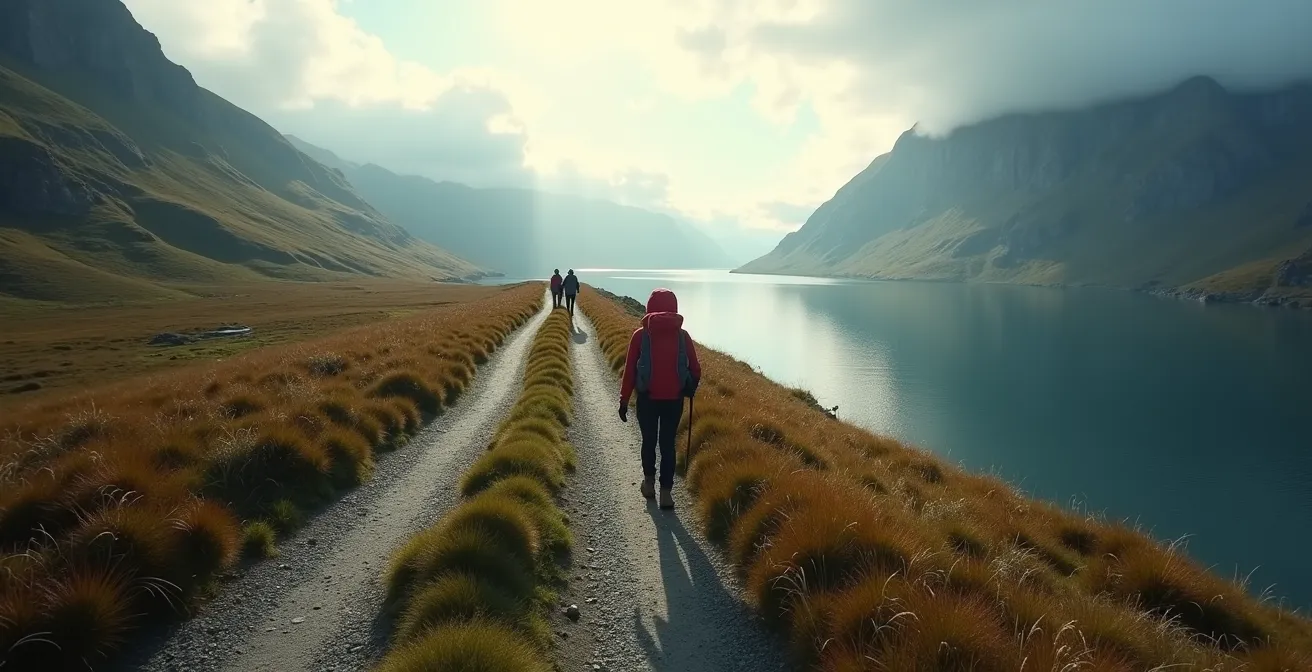 Randonneur découvrant un fjord isolé par hasard après un détour imprévu